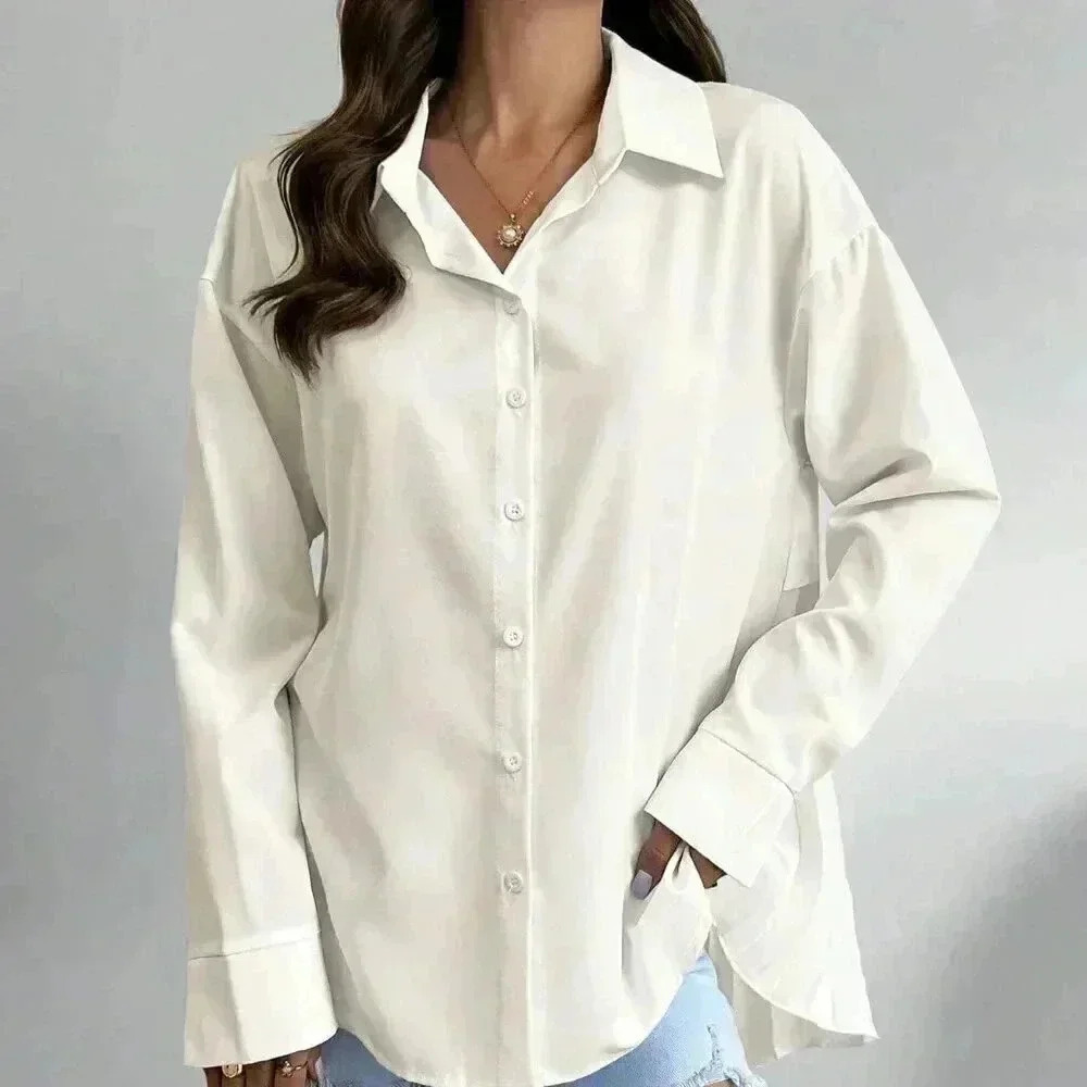 Apricot Casual Women's Solid Color Drop Shoulder Long Sleeve Back Pleated Shirt